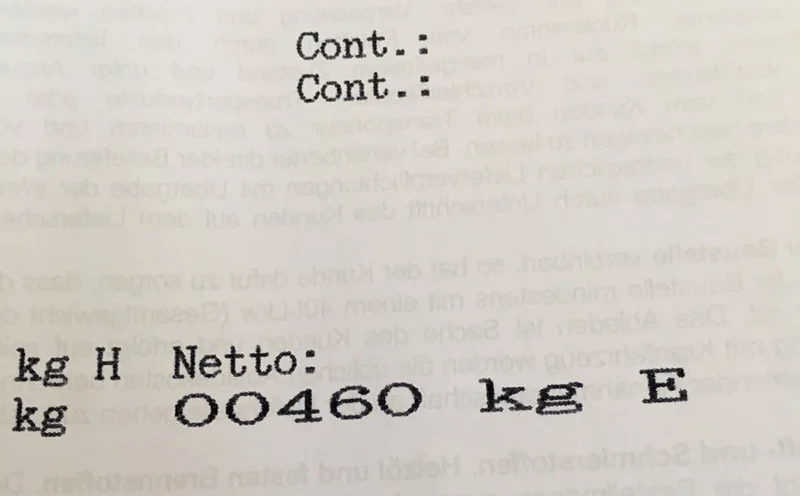 Waageschein des Niederhof 2.3 ST Porsche-Aufbaus 2016 mit 460 kg Netto-Gewicht, amtlicher Beleg